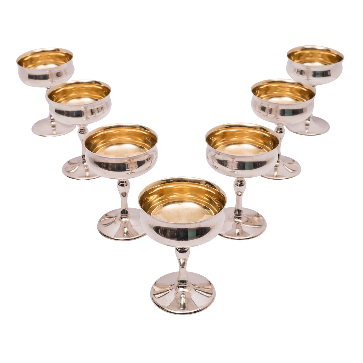 7 Antique American Sterling Silver Gilt Art Deco Sherbet Cocktail Wine Goblets, Circa 1928.