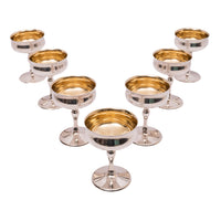 7 Antique American Sterling Silver Gilt Art Deco Sherbet Cocktail Wine Goblets, Circa 1928.