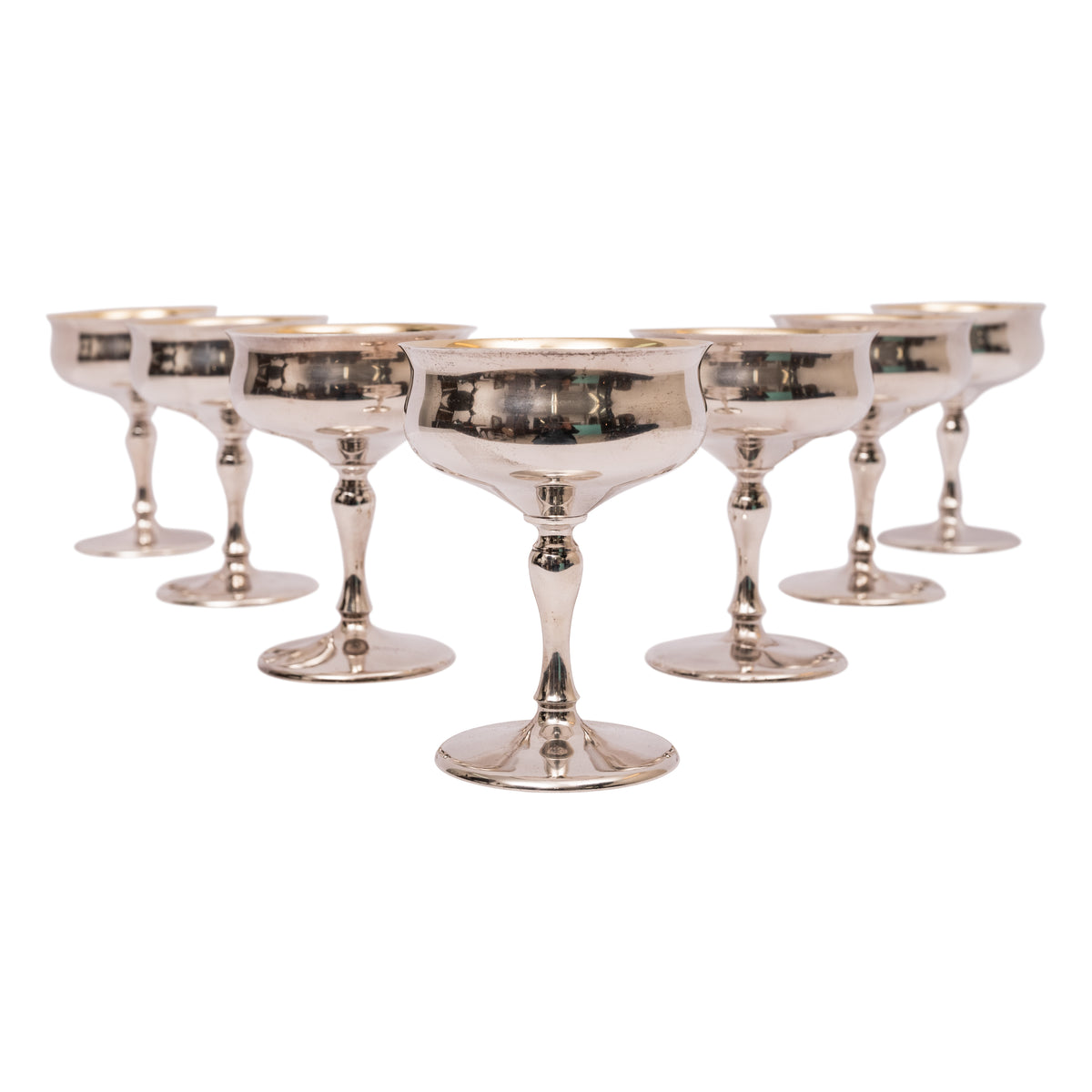 7 Antique American Sterling Silver Gilt Art Deco Sherbet Cocktail Wine Goblets, Circa 1928.