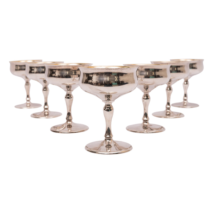 7 Antique American Sterling Silver Gilt Art Deco Sherbet Cocktail Wine Goblets, Circa 1928.
