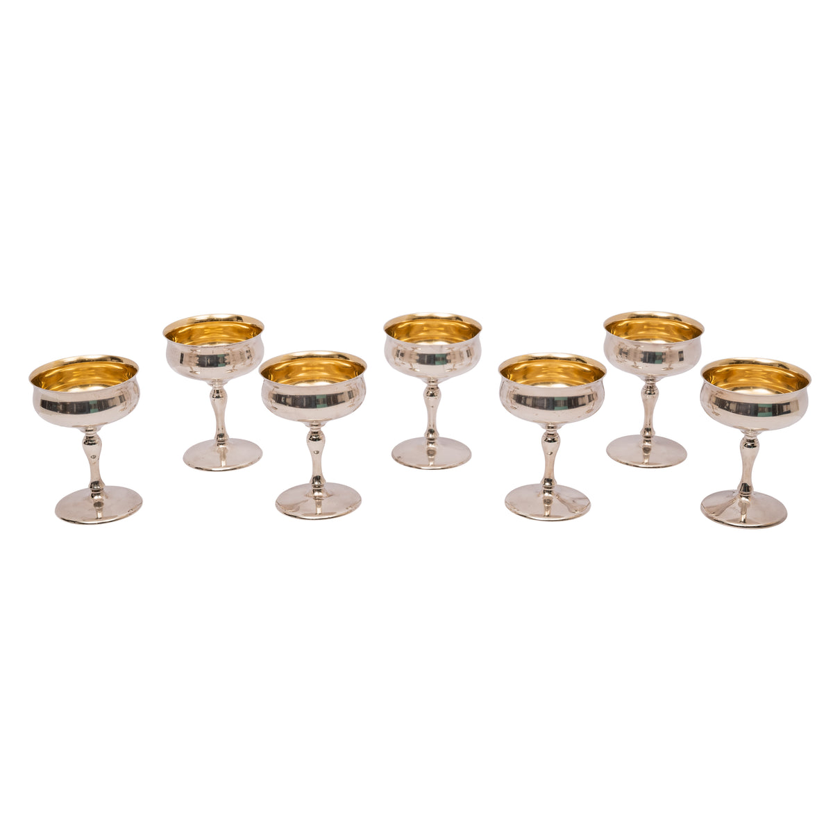 7 Antique American Sterling Silver Gilt Art Deco Sherbet Cocktail Wine Goblets, Circa 1928.