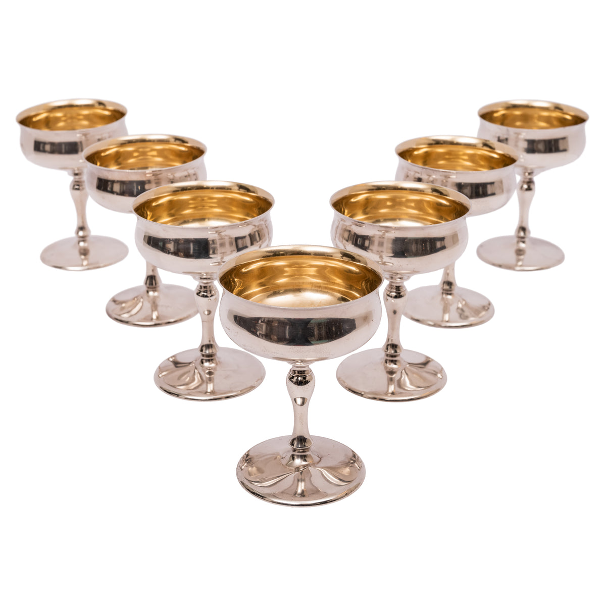 7 Antique American Sterling Silver Gilt Art Deco Sherbet Cocktail Wine Goblets, Circa 1928.