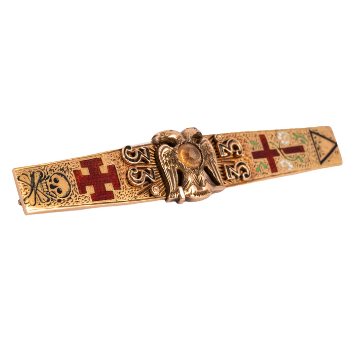 Antique Scottish Rite 33rd Degree 18k Gold Enamel Jewel Masonic Bar Pin, 1890