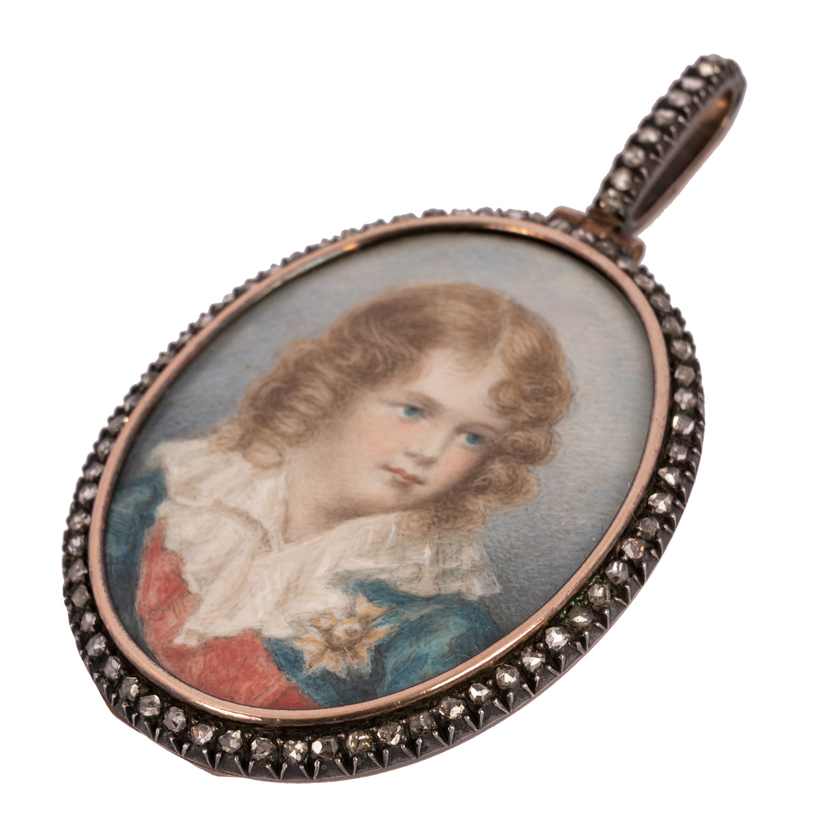 Antique French Portrait Miniature Painting Napoleon II 18k with Gold, Silver & Diamonds 1879