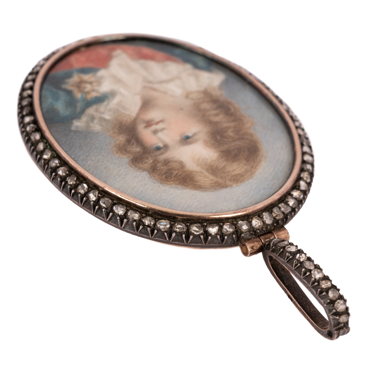 Antique French Portrait Miniature Painting Napoleon II 18k with Gold, Silver & Diamonds 1879