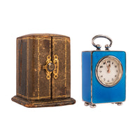 Antique Swiss Miniature Silver Blue Guilloche Enamel Carriage Clock & Case 1900