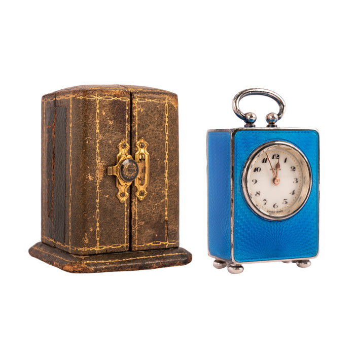 Antique Swiss Miniature Silver Blue Guilloche Enamel Carriage Clock & Case 1900