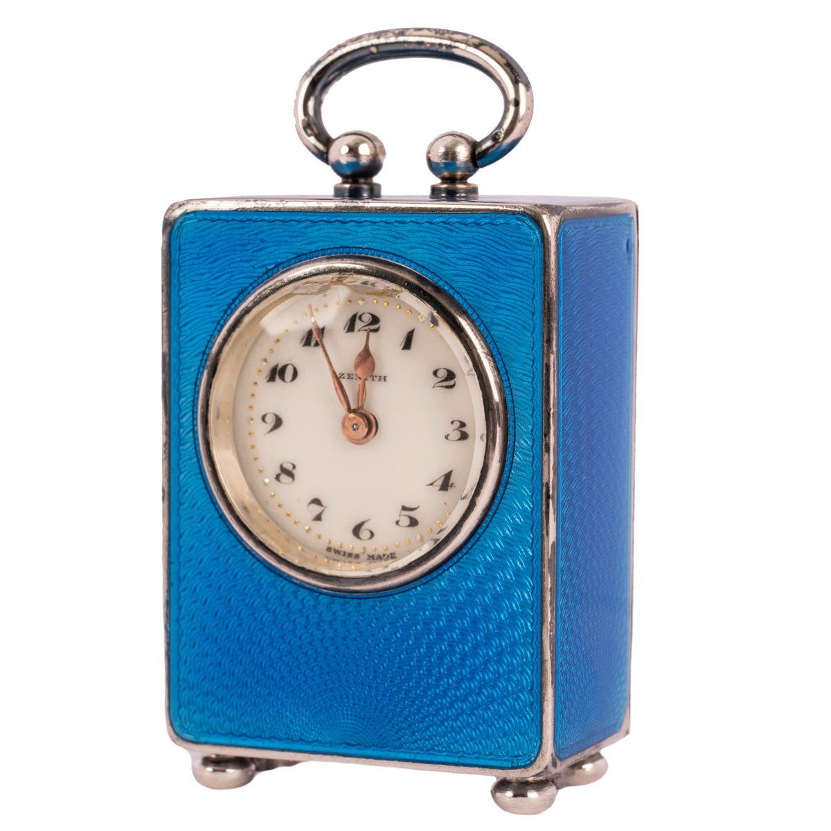 Antique Swiss Miniature Silver Blue Guilloche Enamel Carriage Clock & Case 1900