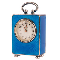 Antique Swiss Miniature Silver Blue Guilloche Enamel Carriage Clock & Case 1900