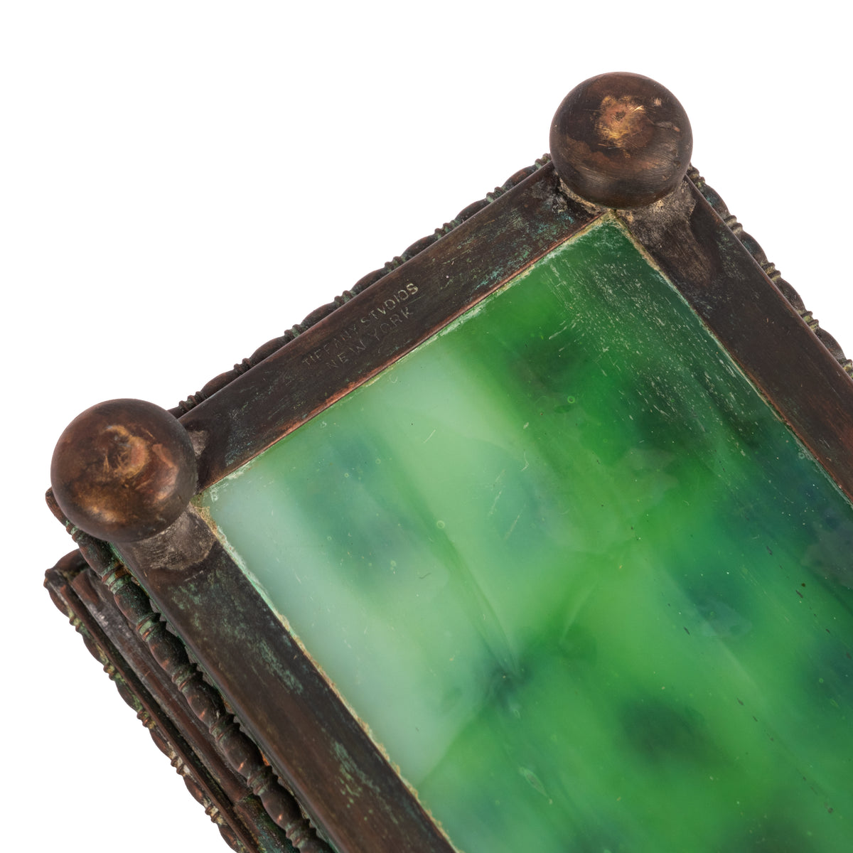 Antique Tiffany Studios Pine Needles Bronze Stamp Box Green Slag Glass, Circa 1910