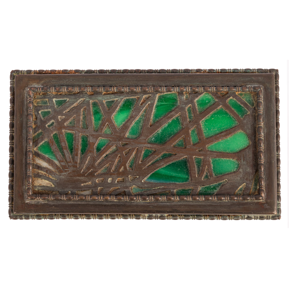 Antique Tiffany Studios Pine Needles Bronze Stamp Box Green Slag Glass, Circa 1910