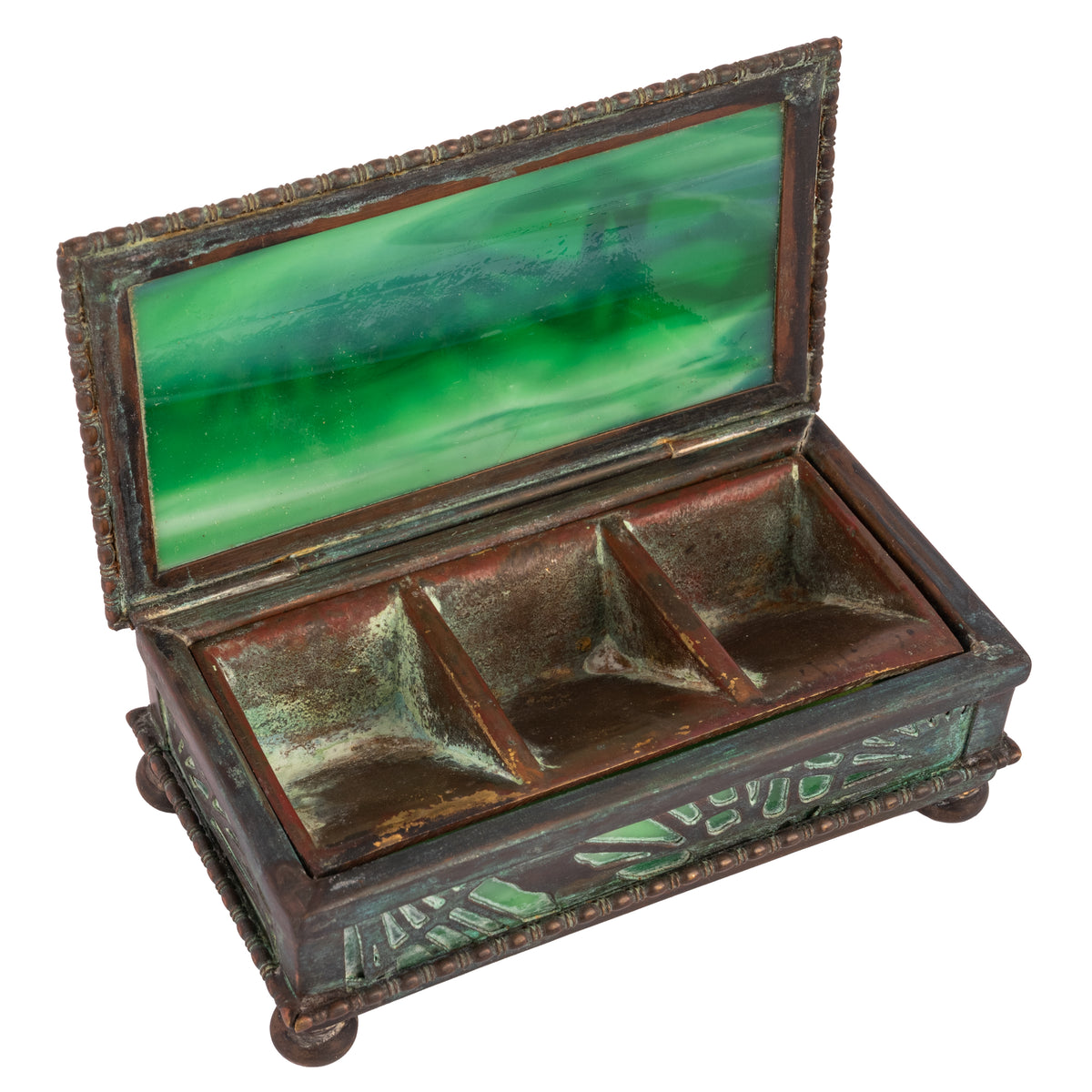 Antique Tiffany Studios Pine Needles Bronze Stamp Box Green Slag Glass, Circa 1910