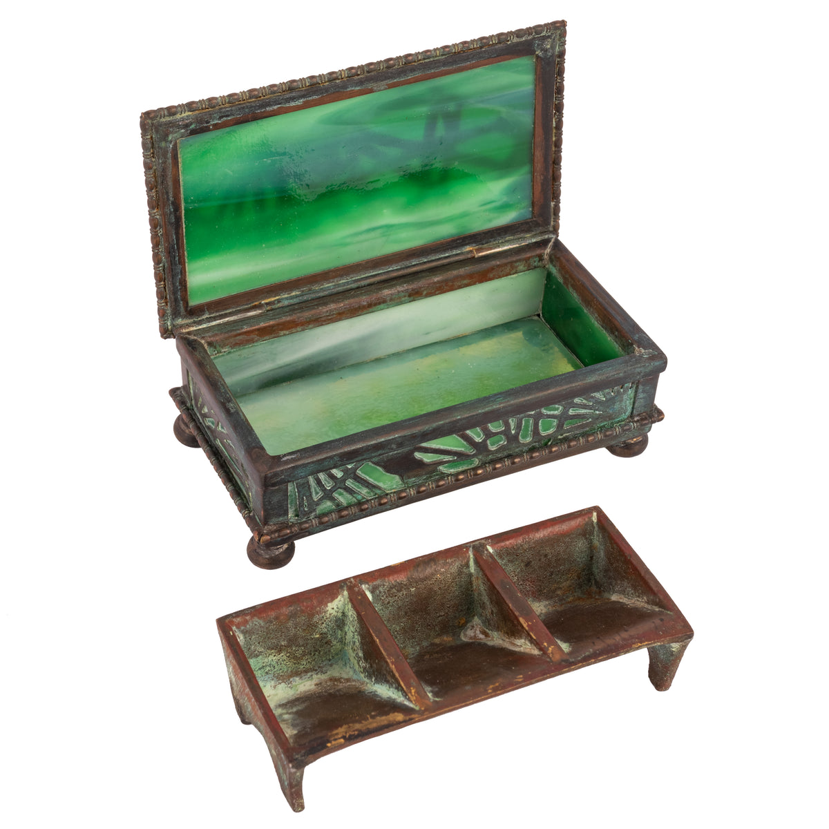 Antique Tiffany Studios Pine Needles Bronze Stamp Box Green Slag Glass, Circa 1910