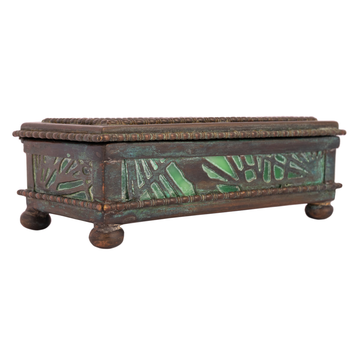 Antique Tiffany Studios Pine Needles Bronze Stamp Box Green Slag Glass, Circa 1910