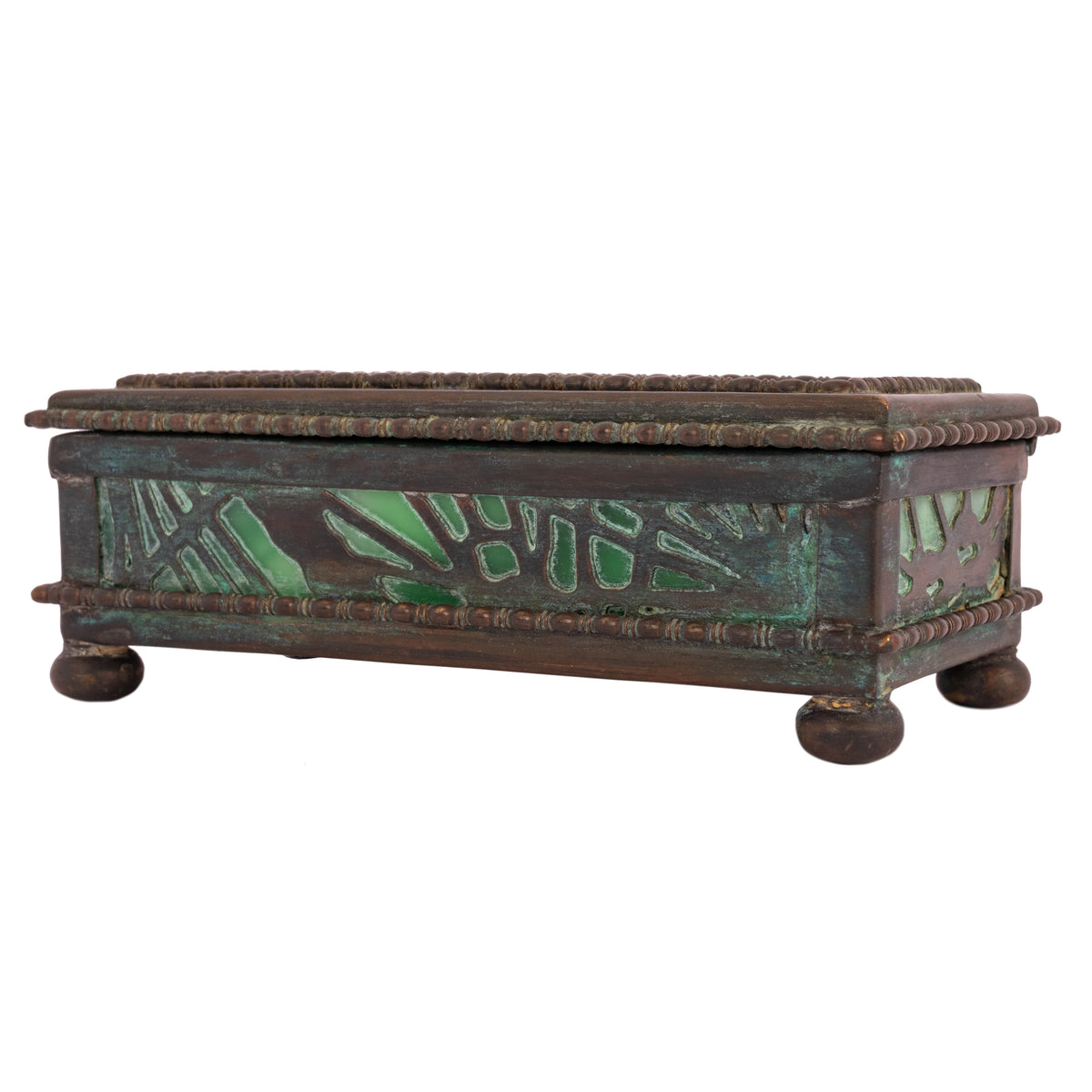 Antique Tiffany Studios Pine Needles Bronze Stamp Box Green Slag Glass, Circa 1910