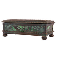 Antique Tiffany Studios Pine Needles Bronze Stamp Box Green Slag Glass, Circa 1910