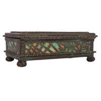 Antique Tiffany Studios Pine Needles Bronze Stamp Box Green Slag Glass, Circa 1910