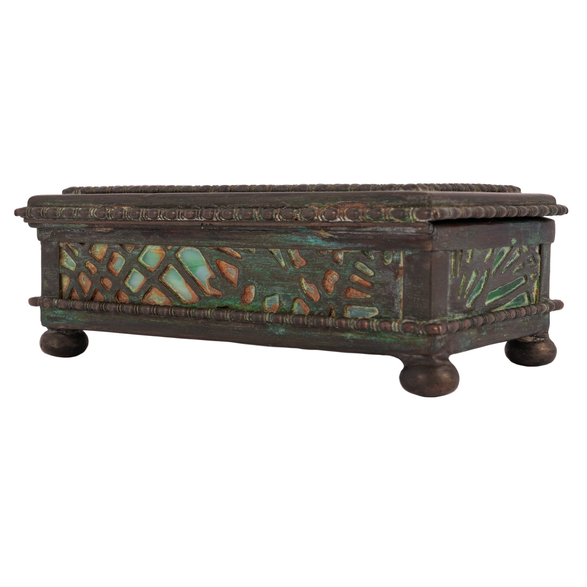 Antique Tiffany Studios Pine Needles Bronze Stamp Box Green Slag Glass, Circa 1910