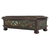 Antique Tiffany Studios Pine Needles Bronze Stamp Box Green Slag Glass, Circa 1910