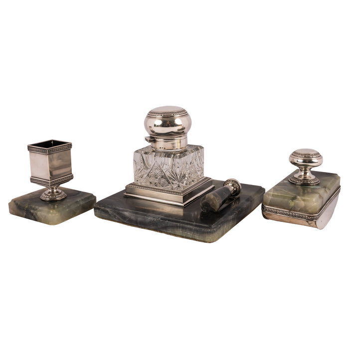 Antique Russian Imperial Silver & Onyx Desk Writing Pen Set Inkwell Blotter Seal
