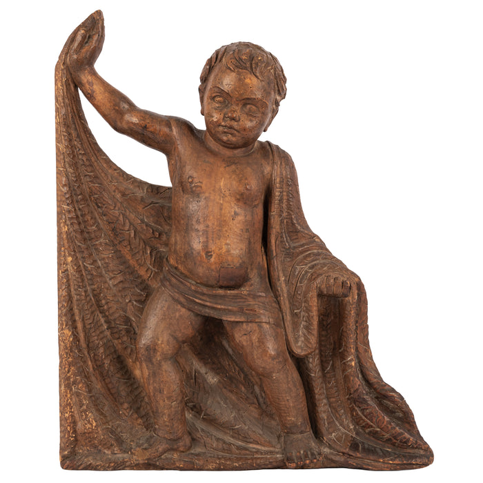 Antique 17th Century Italian Baroque Carved Limewood Putto Sculpture Statue