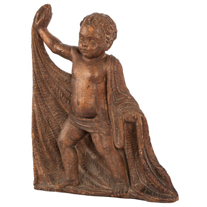 Antique 17th Century Italian Baroque Carved Limewood Putto Sculpture Statue
