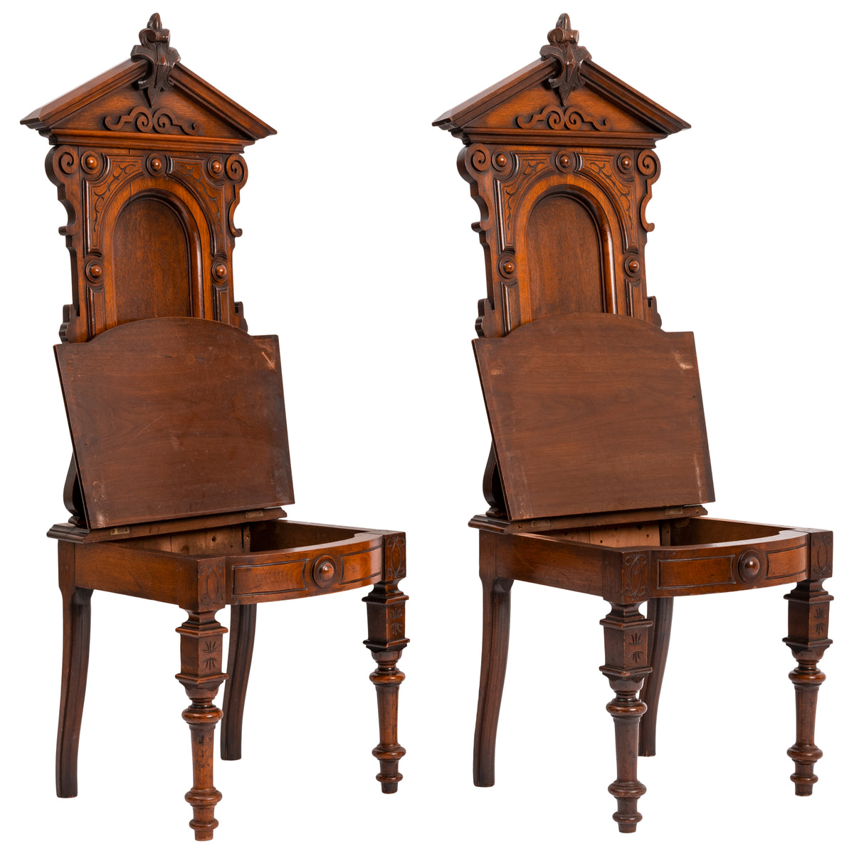 Antique Pair of American High Back Walnut Renaissance Revival Carved Hall Chairs, Circa 1870