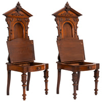 Antique Pair of American High Back Walnut Renaissance Revival Carved Hall Chairs, Circa 1870