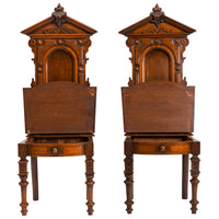 Antique Pair of American High Back Walnut Renaissance Revival Carved Hall Chairs, Circa 1870