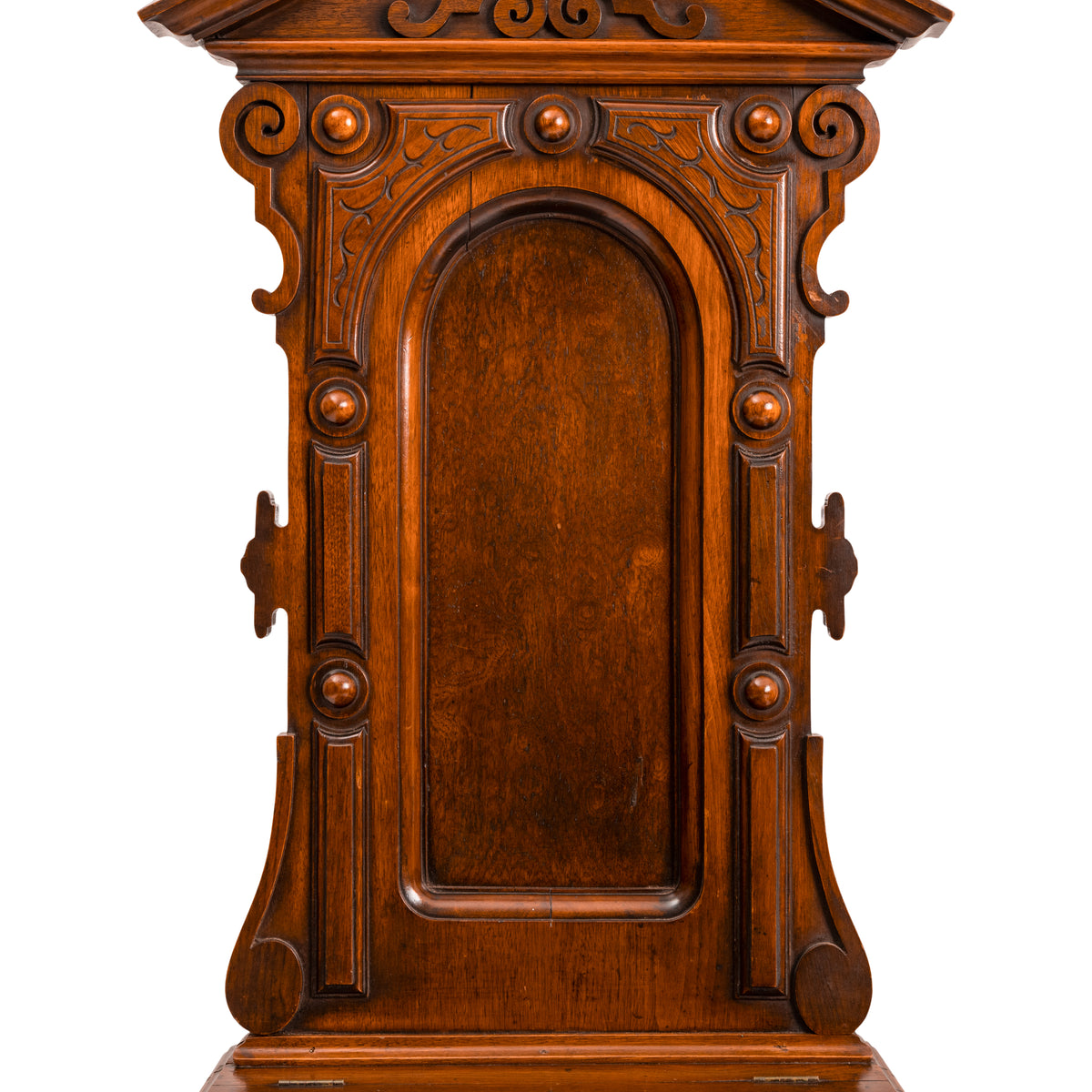 Antique Pair of American High Back Walnut Renaissance Revival Carved Hall Chairs, Circa 1870