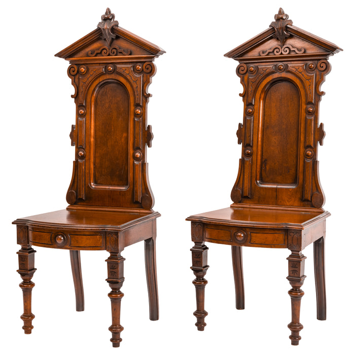 Antique Pair of American High Back Walnut Renaissance Revival Carved Hall Chairs, Circa 1870