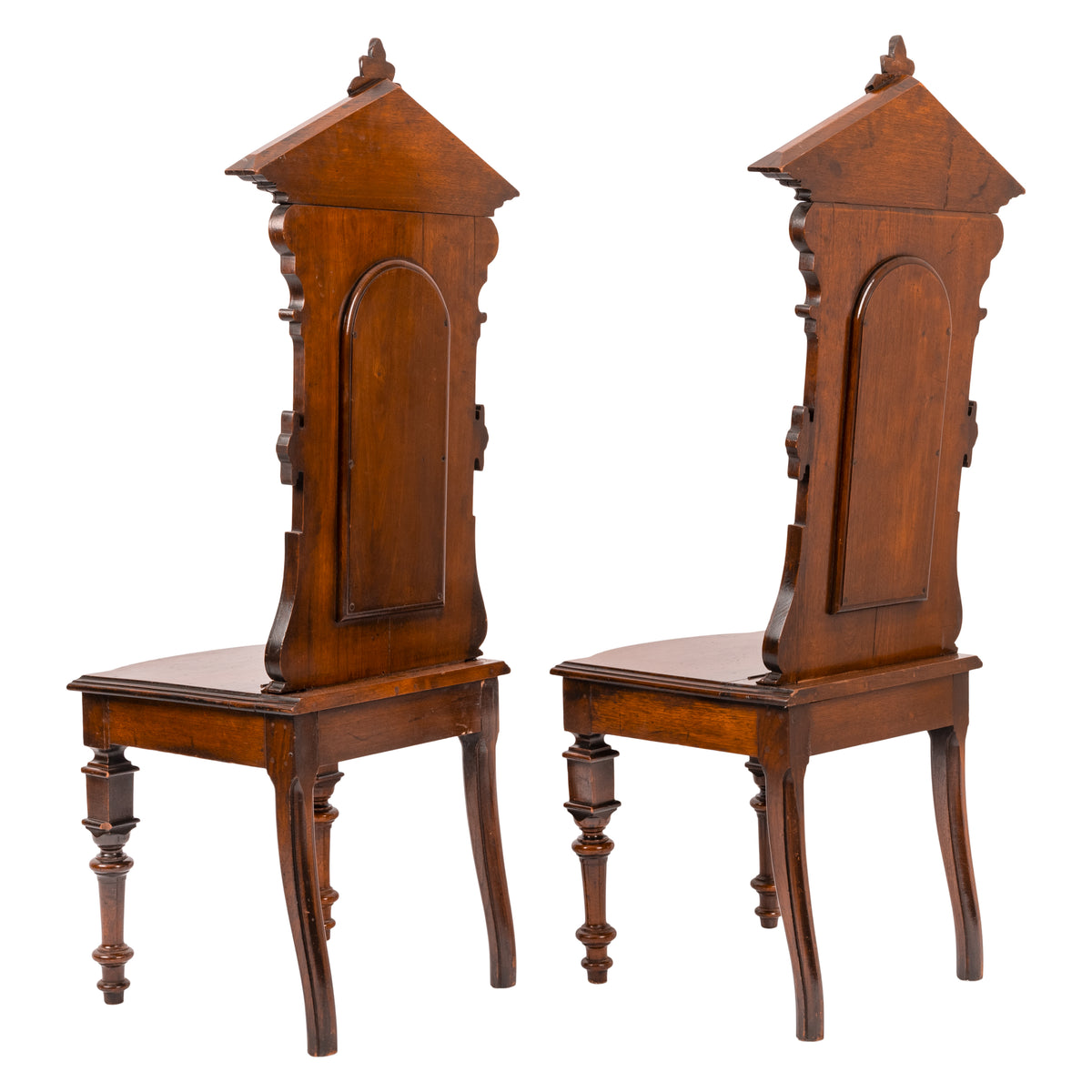Antique Pair of American High Back Walnut Renaissance Revival Carved Hall Chairs, Circa 1870