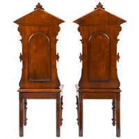 Antique Pair of American High Back Walnut Renaissance Revival Carved Hall Chairs, Circa 1870