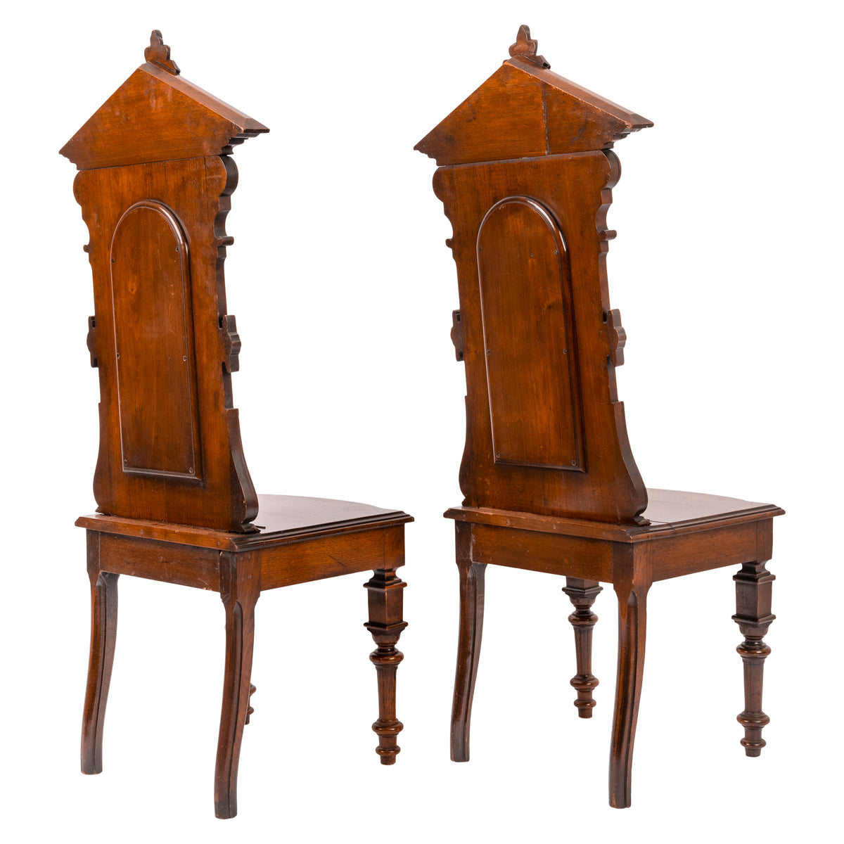 Antique Pair of American High Back Walnut Renaissance Revival Carved Hall Chairs, Circa 1870