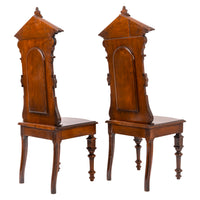 Antique Pair of American High Back Walnut Renaissance Revival Carved Hall Chairs, Circa 1870