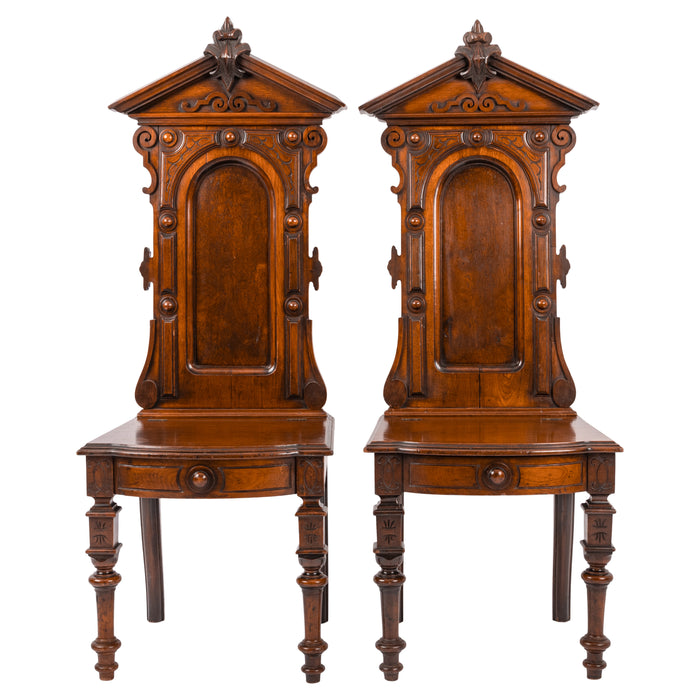 Antique Pair of American High Back Walnut Renaissance Revival Carved Hall Chairs, Circa 1870