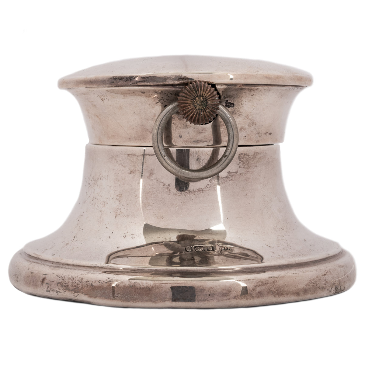Antique Sterling Silver Walker & Hall Sheffield Capstan Desk Inkwell Clock, 1906