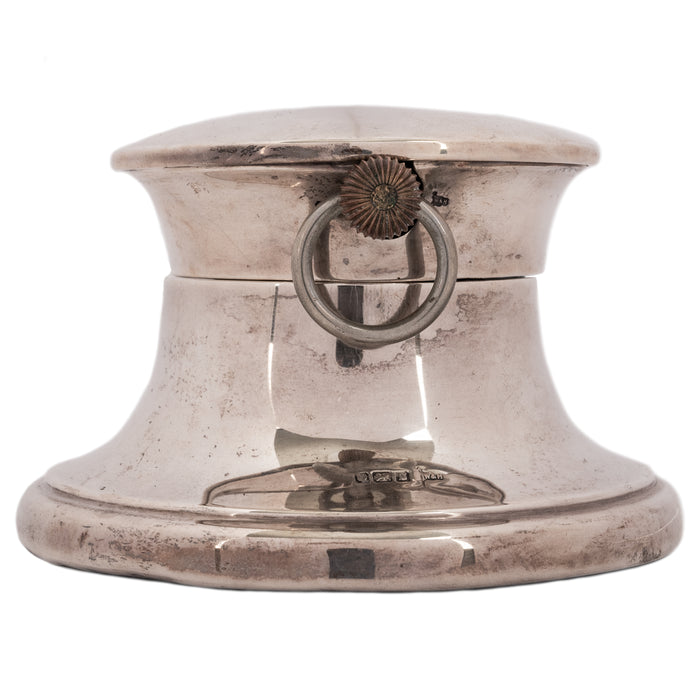 Antique Sterling Silver Walker & Hall Sheffield Capstan Desk Inkwell Clock, 1906