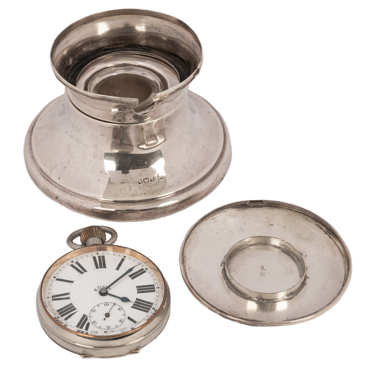 Antique Sterling Silver Walker & Hall Sheffield Capstan Desk Inkwell Clock, 1906