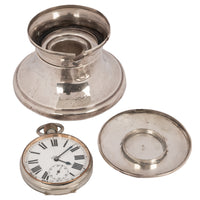 Antique Sterling Silver Walker & Hall Sheffield Capstan Desk Inkwell Clock, 1906
