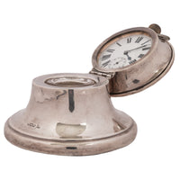 Antique Sterling Silver Walker & Hall Sheffield Capstan Desk Inkwell Clock, 1906