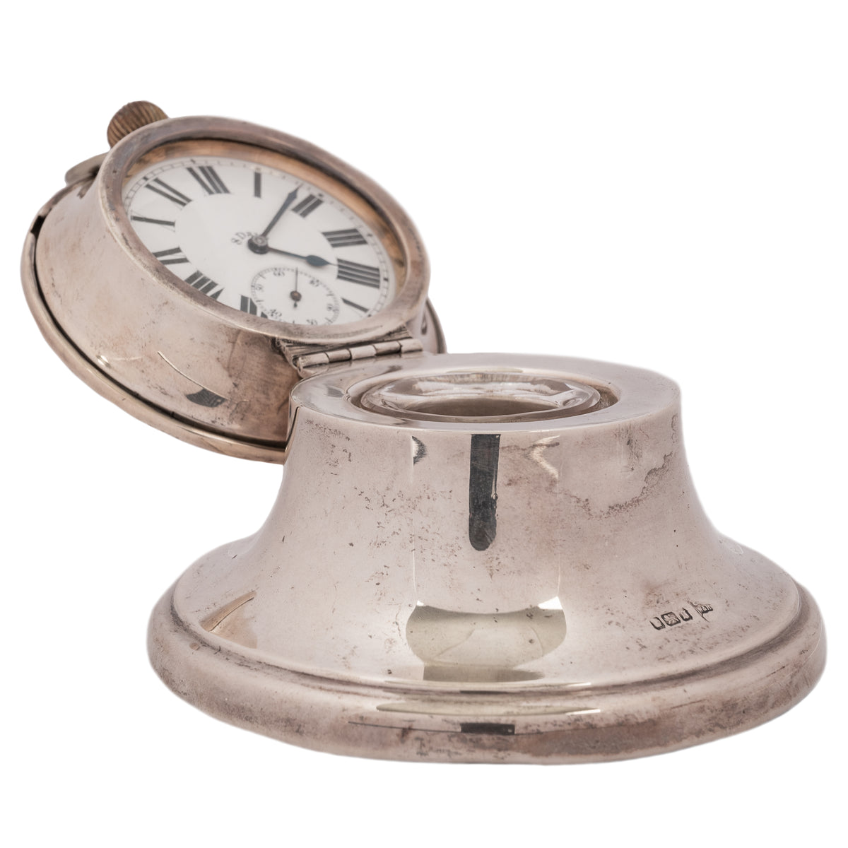Antique Sterling Silver Walker & Hall Sheffield Capstan Desk Inkwell Clock, 1906
