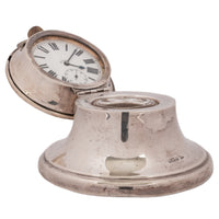 Antique Sterling Silver Walker & Hall Sheffield Capstan Desk Inkwell Clock, 1906