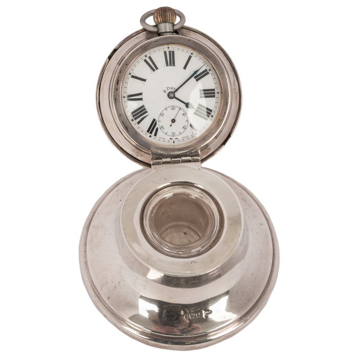 Antique Sterling Silver Walker & Hall Sheffield Capstan Desk Inkwell Clock, 1906