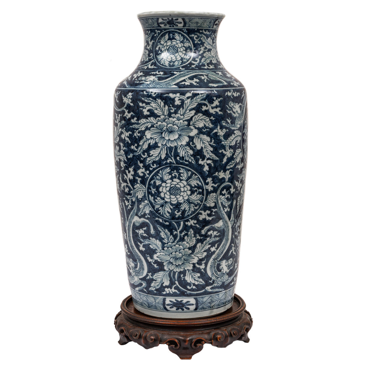 Antique Blue White Chinese Porcelain Qing Dynasty Kangxi Period Dragon Vase, Circa 1680