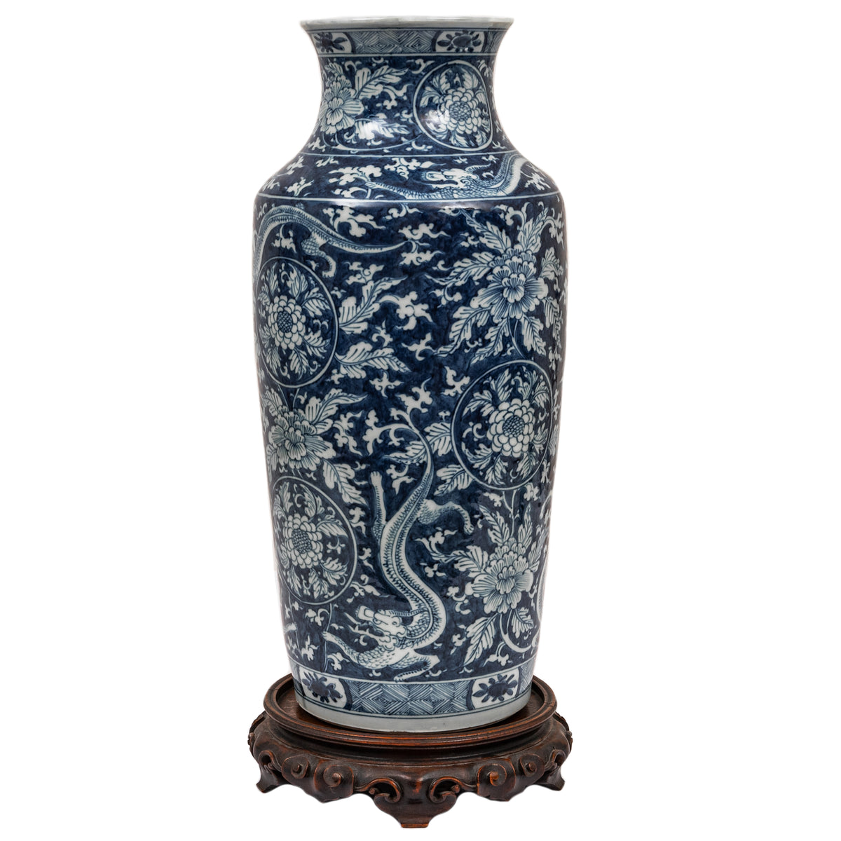 Antique Blue White Chinese Porcelain Qing Dynasty Kangxi Period Dragon Vase, Circa 1680