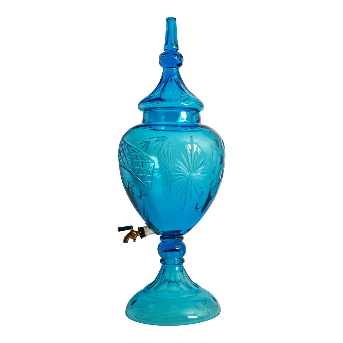 Antique 19th Century Diamond Cut Etched Cobalt Blue Glass Whisky Dispenser, Circa 1880