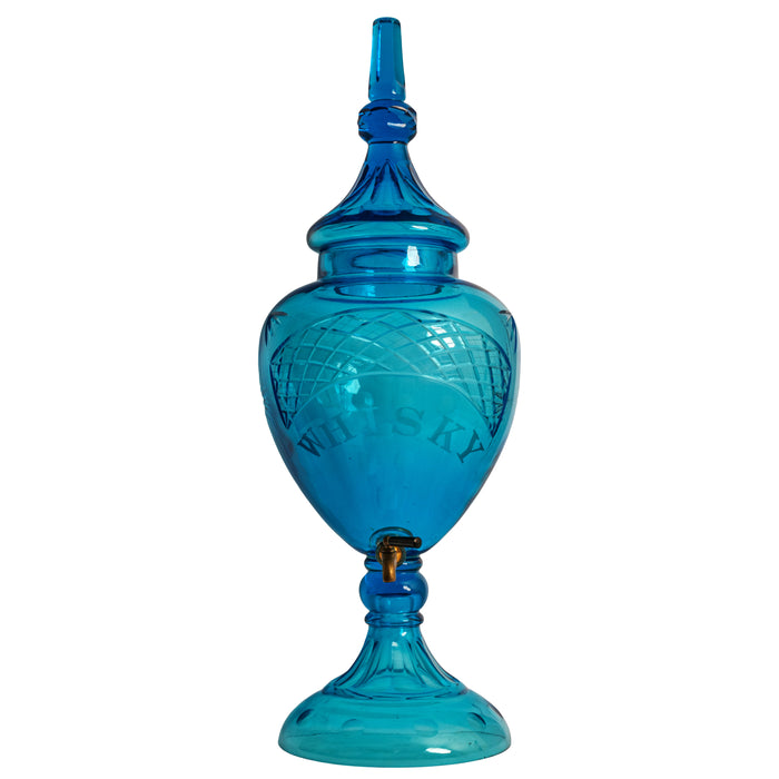 Antique 19th Century Diamond Cut Etched Cobalt Blue Glass Whisky Dispenser, Circa 1880