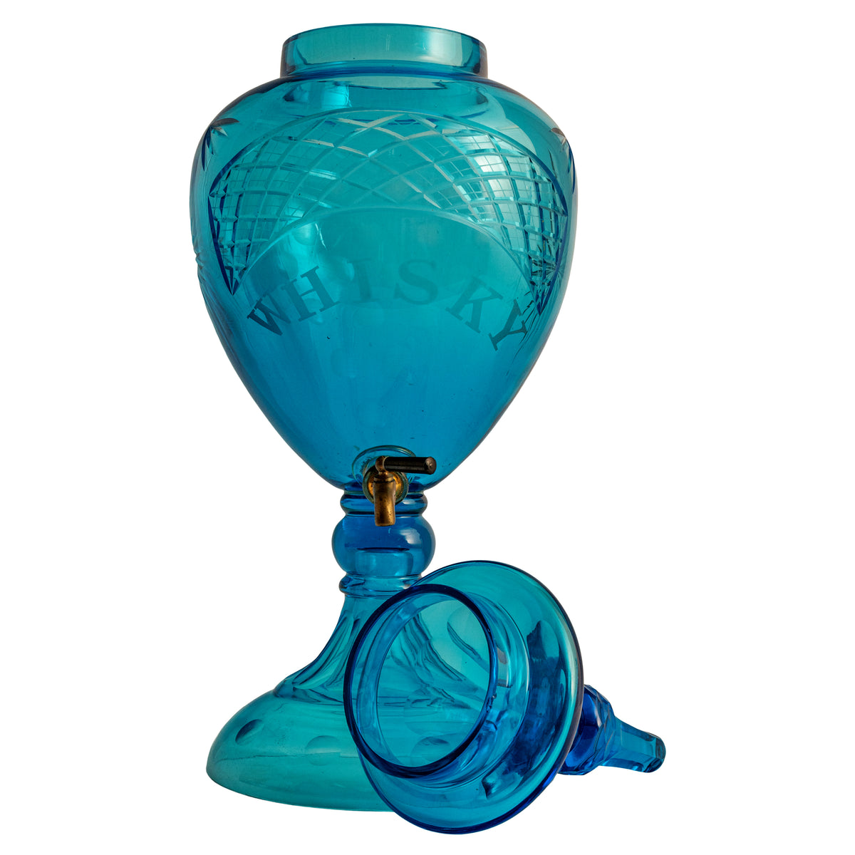 Antique 19th Century Diamond Cut Etched Cobalt Blue Glass Whisky Dispenser, Circa 1880