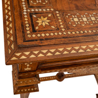 Antique Anglo Indian Teak Mahogany Inlaid Marquetry Work Side Sewing Table, Circa 1870